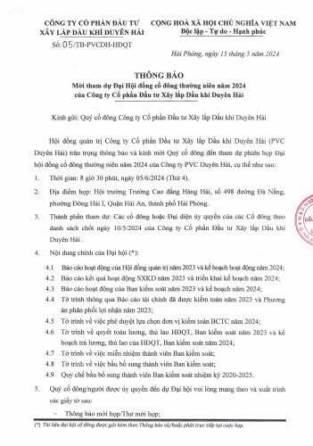Thông báo vv Mời tham dự Đại Hội đồng cổ đông thường niên năm 2024 Công ty Cổ phần Đầu tư Xây lắp Dầu khí Duyên Hải (PVC-DH)