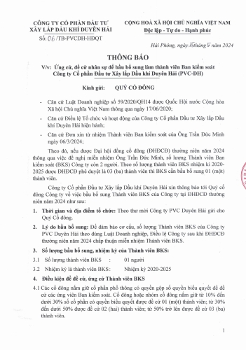 Thông báo vv Ứng cử, đề cử nhân sự để bầu bổ sung làm thành viên Ban kiểm soát Công ty Cổ phần Đầu tư Xây lắp Dầu khí Duyên Hải (PVC-DH)