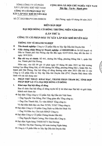 Biên bản, nghị quyết đại hội cổ đông thường niên Công ty PVC Duyên Hải năm 2023
